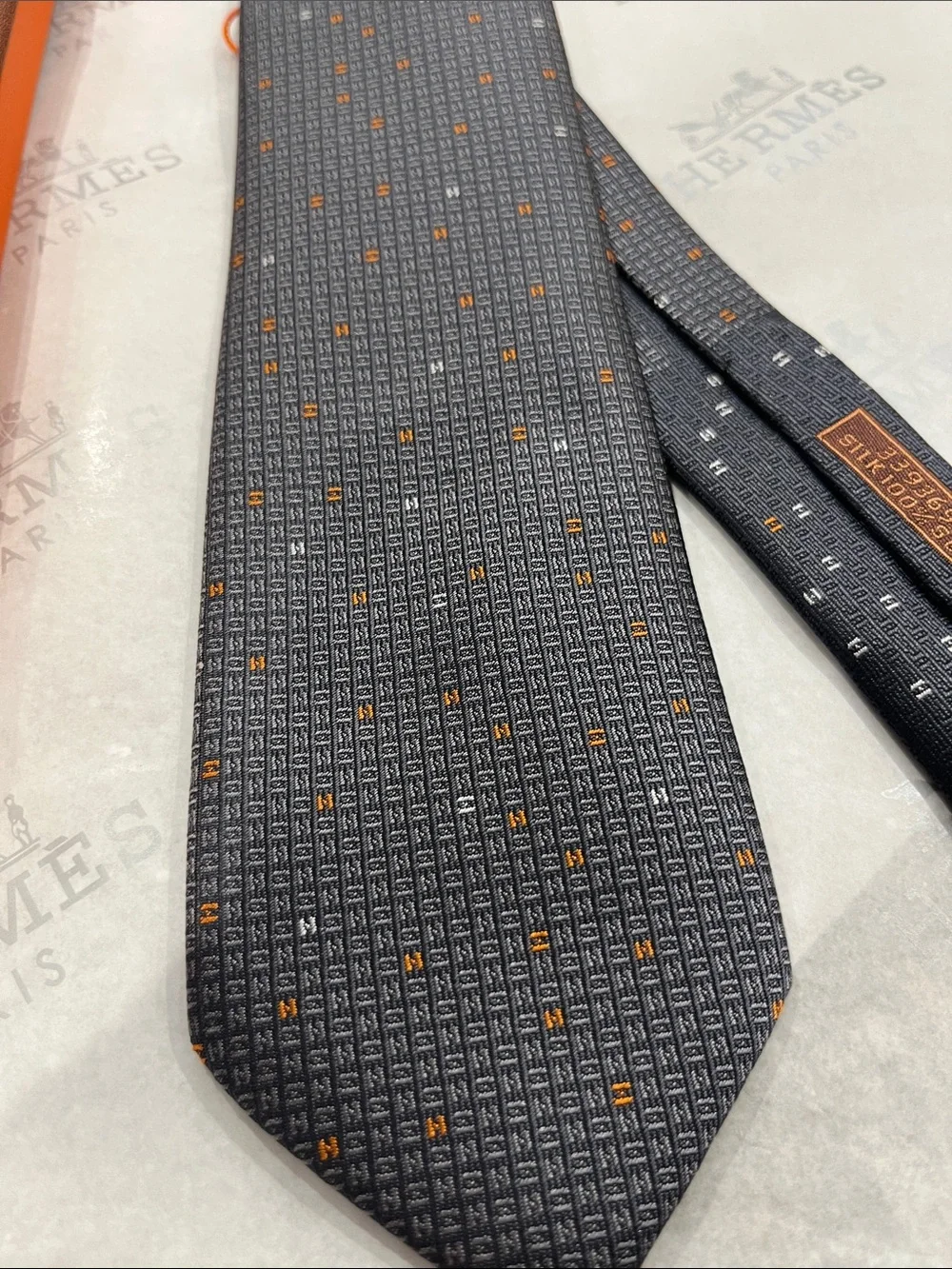 Hermes Gray Silk Tie with Orange Dot Motif